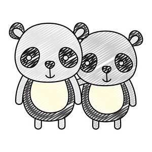 涂鸦夫妇熊猫一起可爱的动物矢量插图