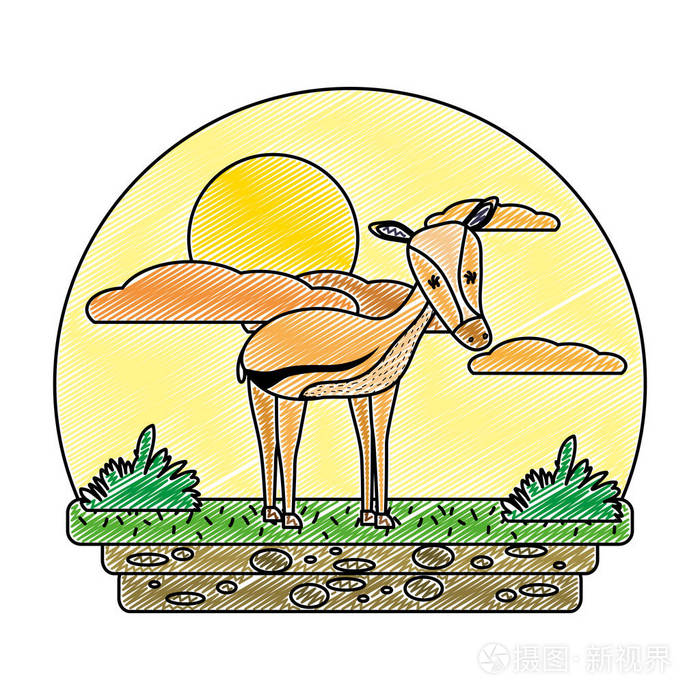 涂鸦可爱的雌鹿野生动物景观矢量插图
