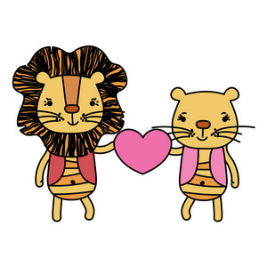 彩色夫妇狮子，可爱的心，他们的手矢量插图