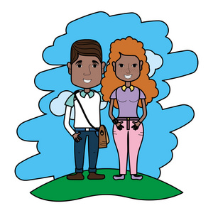彩色可爱的男女夫妇在景观矢量插图。