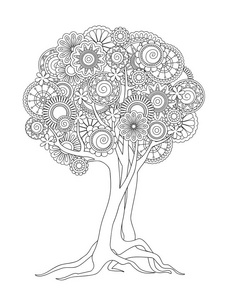 手绘图案树冠,禅宗缠结风格.