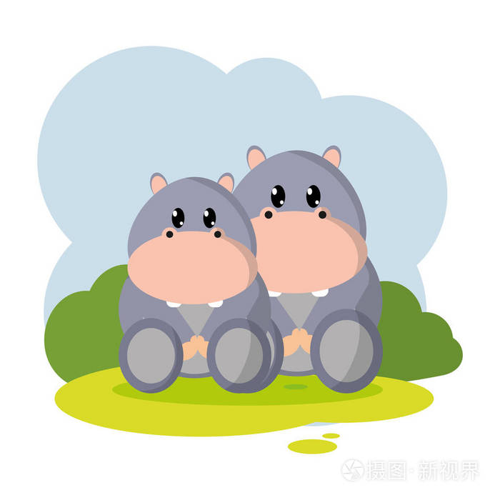 河马夫妇野生动物景观矢量插图