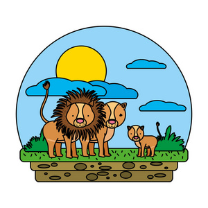 彩色可爱狮子家族野生动物景观矢量插图