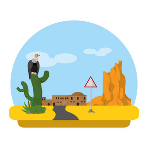 仙人掌和城市沙漠中的秃鹫，带有通知标志矢量插图