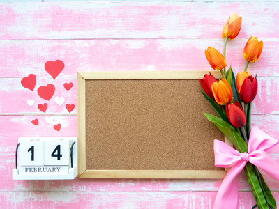 s Day Background. Red Heart, 14 February wooden calendar, Flower