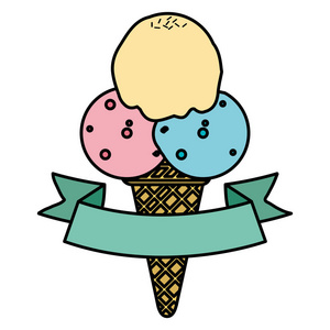 冰淇淋，三个球，丝带矢量插图