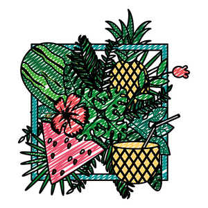 带热带西瓜和菠萝水果矢量插图的涂鸦徽章