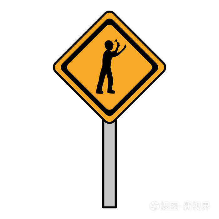 彩色钻石警告标志和劳动者用锤子矢量插图