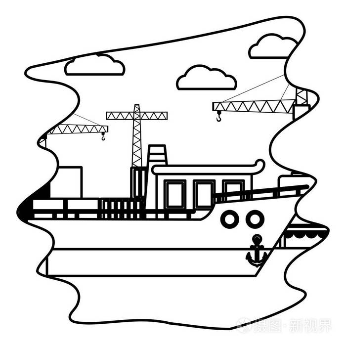 用起重机物体和集装箱运输的直线船舶矢量图插画-正版商用图片18a161