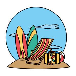 带沙滩椅和旅行背包矢量插图的彩色冲浪板