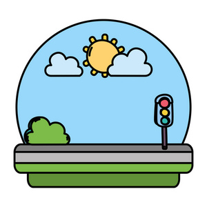 彩色交通灯在道路上与太阳和云矢量插图。