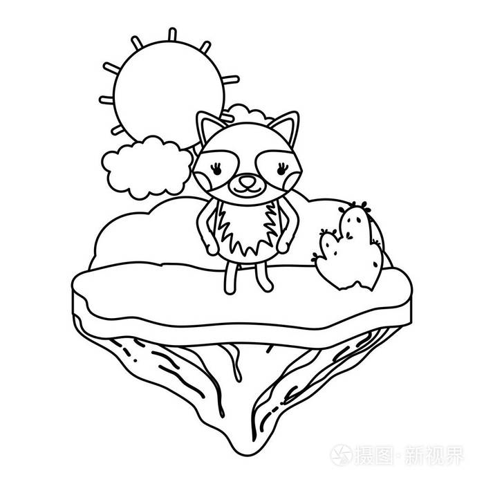 漂浮岛矢量插图中的一线漂亮的浣熊动物插画-正版商用图片18a1rj-摄图
