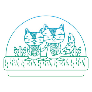 退化线可爱夫妇浣熊在农村和植物矢量插图。