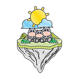 涂鸦家族河马动物在浮岛矢量插图