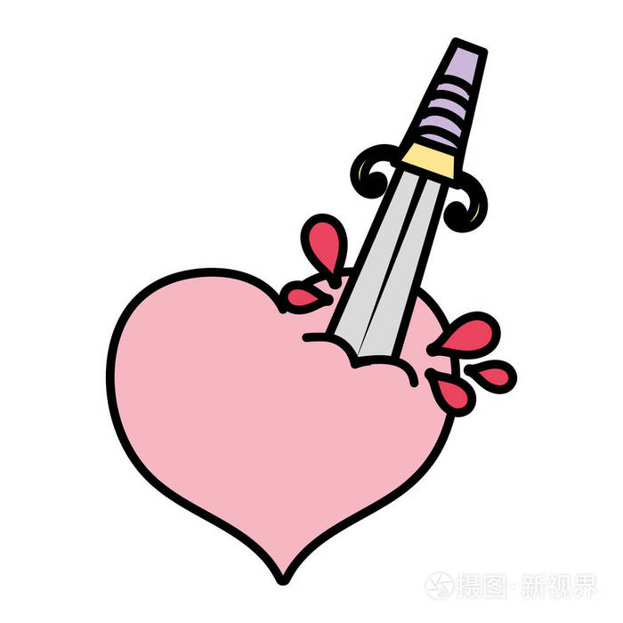 彩色美丽的心与剑和血滴矢量插图