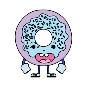 彩色卡瓦伊有趣的甜甜圈与手臂和腿矢量插图。