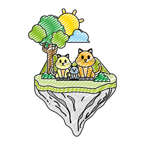 浮岛矢量插图中的猫科动物