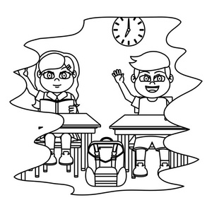 shielf在教室里排队的孩子们坐木桌矢量插图照片