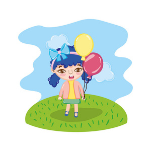 快乐的女孩带着气球在景观矢量插图
