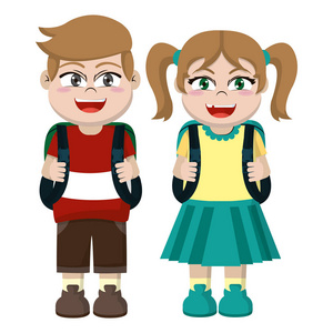 快乐的女孩和男孩朋友带背包矢量插图
