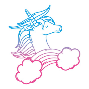 退化线可爱的独角兽头与彩虹和云矢量插图