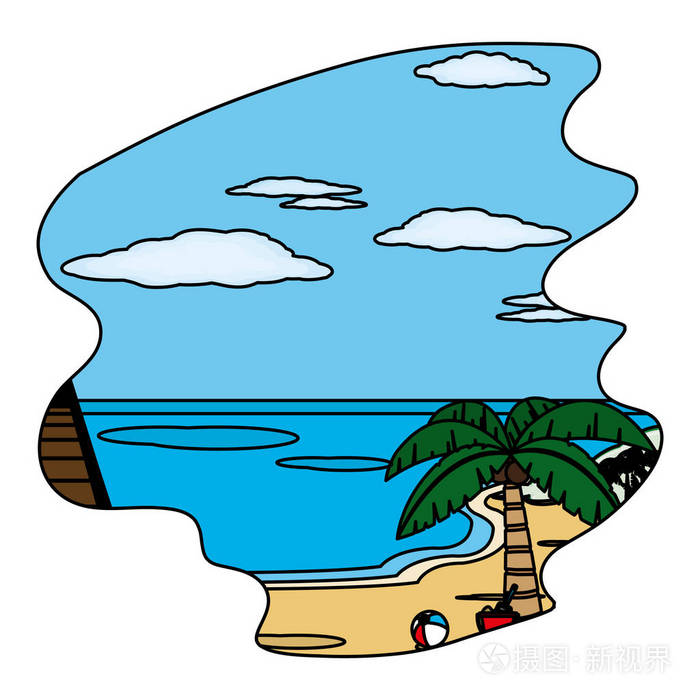 彩色棕榈树与沙桶在岛屿景观矢量插图