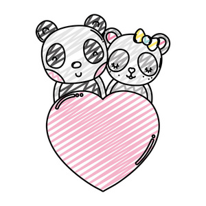 涂鸦熊猫夫妇与心爱标志矢量插图
