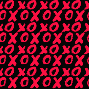 黑色背景上的无缝图案Xoxo。 用红色口红画的XO。 拥抱和亲吻缩写符号。 易于编辑模板的情人节。 矢量插图