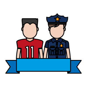 带警察的彩色足球运动员和丝带矢量插图
