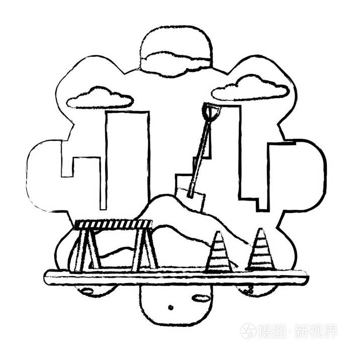 带有交通锥的混凝土建筑设备及警告标志矢量图插画-正版商用图片18ac