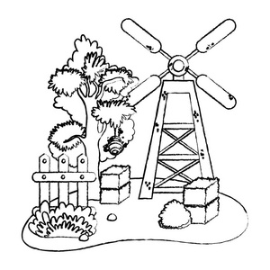 用农场稻草桶和木架的风车矢量插图