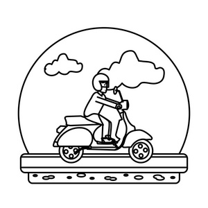 直线男子骑摩托车运输在道路矢量插图