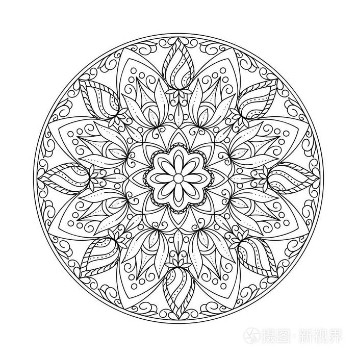 单色分离曼陀罗与手绘元素在阿拉伯印度土耳其巴基斯坦主题瑜伽抗压力