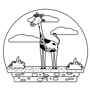 线条漂亮的长颈鹿野生动物在景观矢量插图。