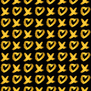 无缝图案金色Xoxo与心在黑色背景。 拥抱和亲吻缩写符号。 用手写毛笔字母xo。 方便编辑情人节的矢量模板