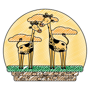 涂鸦好夫妇长颈鹿动物在景观矢量插图。