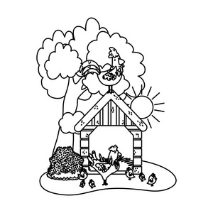 母鸡线在房子和公鸡与小鸡动物矢量插图照片