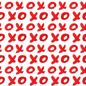 白色背景上的无缝图案Xoxo。 用红色口红画的XO。 拥抱和亲吻缩写符号。 易于编辑模板的情人节。 矢量插图
