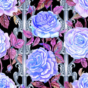 无缝图案的蓝色玫瑰在黑色背景上的条纹和巴洛克图案水彩插图。 花卉装饰背景织物和各种设计。