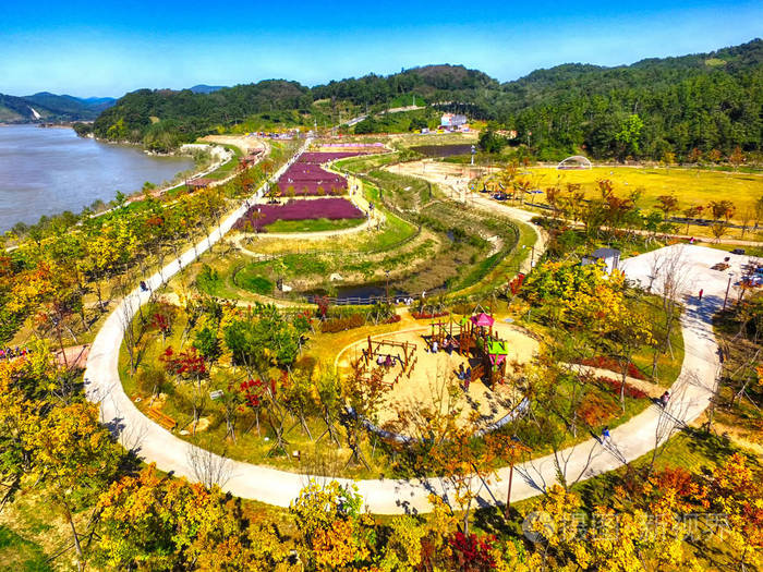 韩国汉满庆南阿江生态公园鸟瞰图