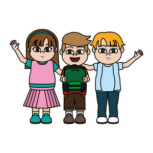 彩色可爱儿童学生朋友和背包矢量插图