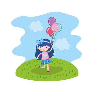 可爱的女孩带着气球在景观矢量插图。