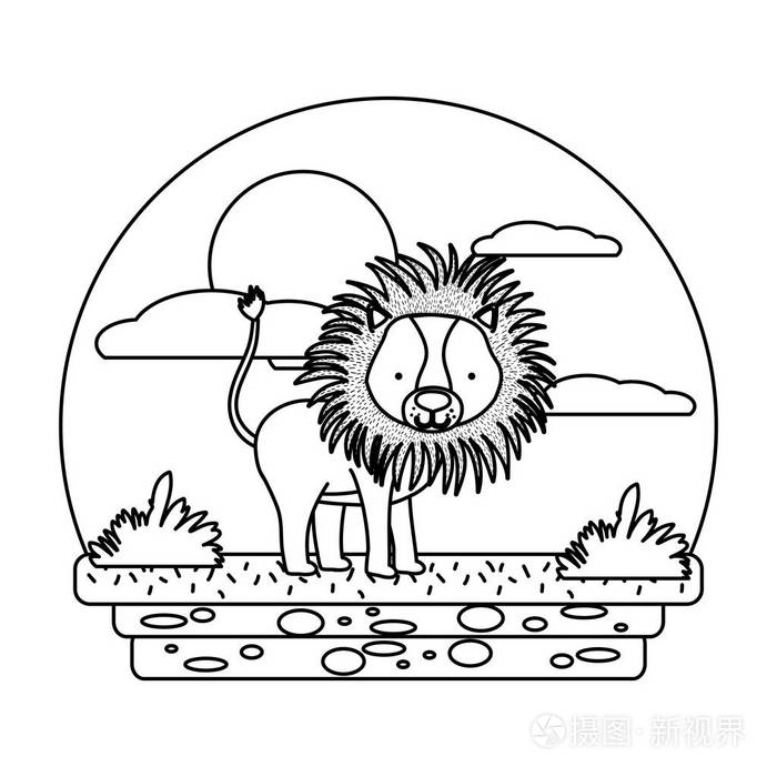 线条可爱的雄狮野生动物在景观矢量插图。