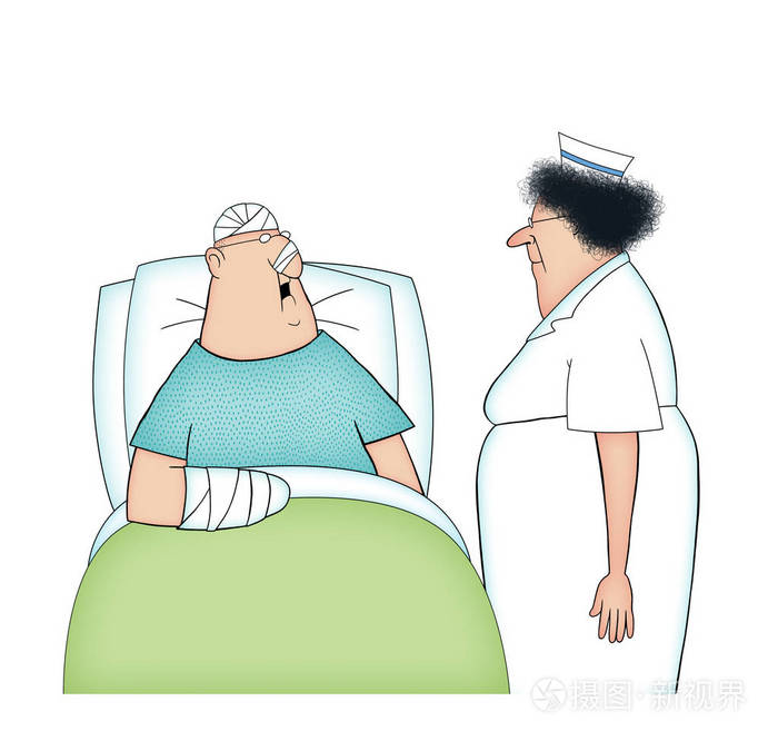一位包扎好的男性医院病人与护士谈话的幽默插图照片-正版商用图片18a