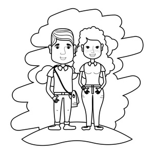 线条可爱的女人和男人夫妇在景观矢量插图。