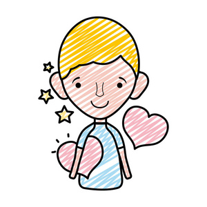 涂鸦快乐男人发型与心和星星矢量插图
