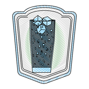 涂鸦徽章鸡尾酒杯与冰块白酒矢量插图