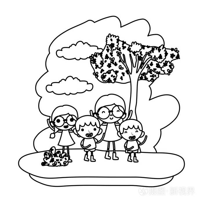 排队快乐的女孩和男孩的孩子在森林矢量插图插画-正版商用图片18azia