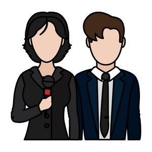 彩色男女记者合作伙伴矢量插图绿卡通假鳄空白亲男女记者专业合作伙伴