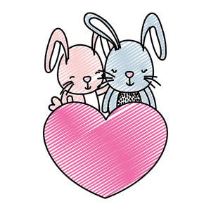 涂鸦夫妇兔子和可爱的心脏矢量插图。